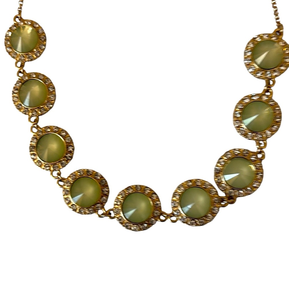 Natasha necklace beautiful green stones outlined with rhinestones, 20 inches
